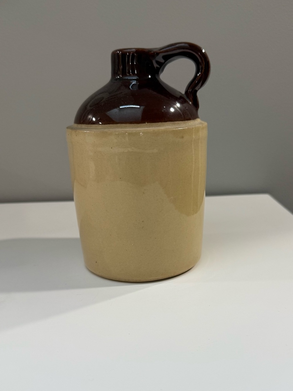 Vintage small whisky jug marked USA Brown and Tan Ceramic Jug Vase - Home Art
